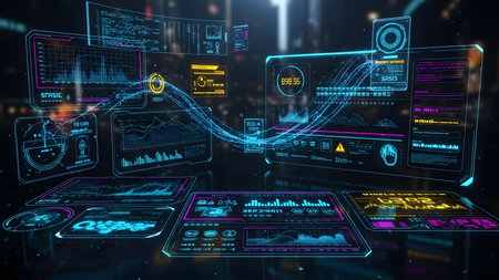 Futuristic cityscape with neon lights. 3D Renderingの素材