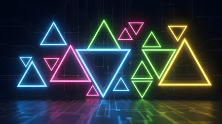 3D rendering of abstract futuristic background with neon glowing hexagons.の素材