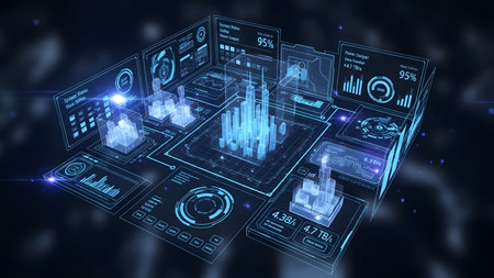 Futuristic user interface hologram on blue background 3D renderingの素材