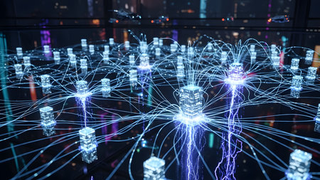 Digital composite of 3D hologram of network against blurry night cityの素材