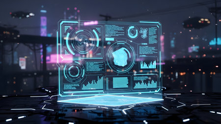 Futuristic user interface with hologram on blurry city background 3D renderingの素材