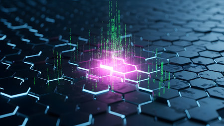 Abstract technology background with hexagons and glowing lines. 3d renderingの素材