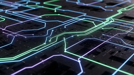 3d illustration of abstract technology background with circuit board and colorful lightsの素材