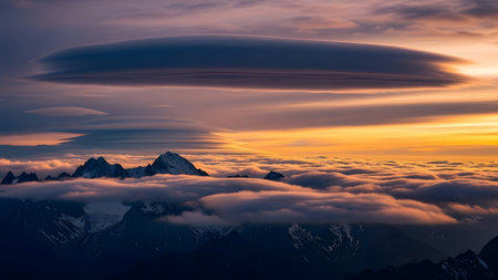 Mountain landscape at sunset with clouds. Caucasus Mountains, Georgia, region Gudauri.の素材