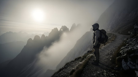 Hiker with backpack hiking in the mountains at sunrise. Hiking conceptの素材