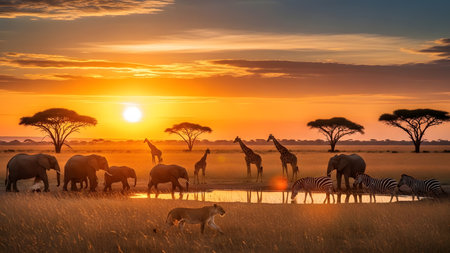 Sunset in Serengeti National Park, Tanzania, Africaの素材