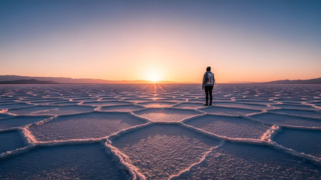 Silhouette of a man standing in the middle of a salt lake at sunsetの素材