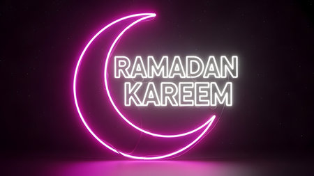 Ramadan Kareem neon sign 3D rendering. Ramadhan Kareem neon sign in front of a dark background with copy space.の素材