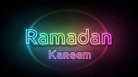 Ramadan Kareem neon lettering. Ramadan Kareem greeting card.の素材