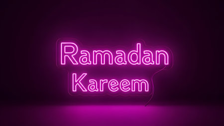 Ramadan Kareem neon text, 3d rendering. Neon ramadan kareem text glowing in the dark background.の素材