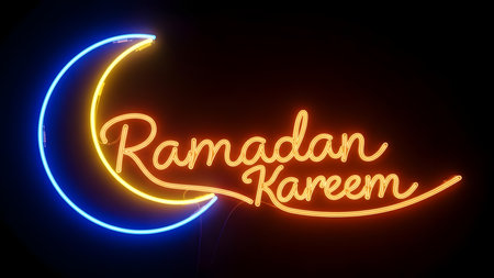 Ramadan Kareem neon lettering on black background. Vector illustrationの素材