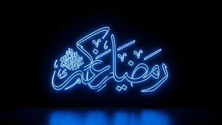 Ramadan Kareem calligraphy in blue neon light on black backgroundの素材