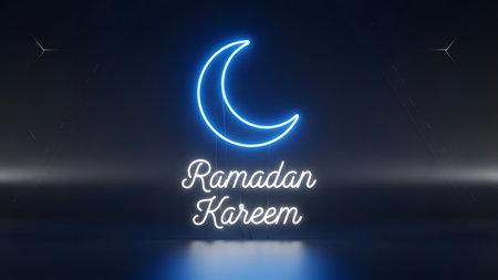 Ramadan Kareem. Blue neon sign with crescent moon. 3d renderingの素材