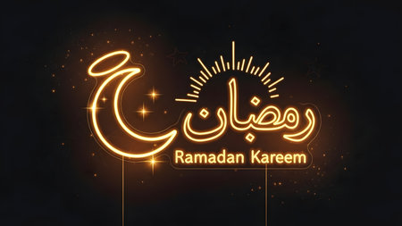 Ramadan Kareem greeting card in neon style. Vector illustration.の素材
