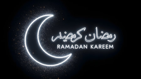 Ramadan Kareem greeting card with crescent moon and shining lightsの素材