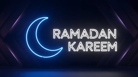 Ramadan Kareem neon sign in dark room. Vector illustration.の素材