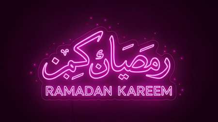 Ramadan Kareem neon lettering. Ramadan Kareem vector typography.の素材