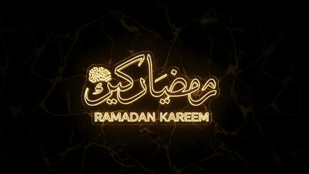Ramadan Kareem. Neon sign on a marble background. Vector illustration.の素材