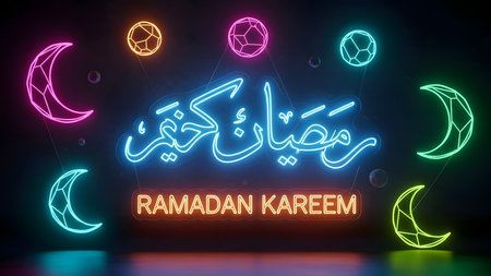 Ramadan Kareem greeting card in neon style. Arabic translation: Ramadan Kareem.の素材