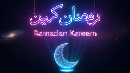 Ramadan Kareem greeting card with moon and lettering in neon styleの素材