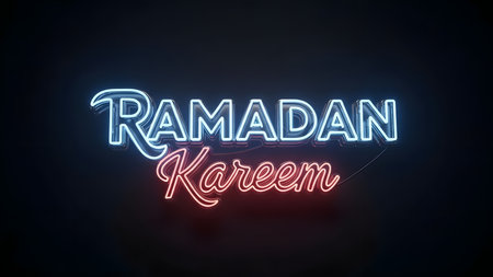 Ramadan Kareem neon sign on dark background. 3D renderingの素材