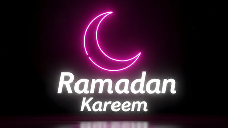 3D rendering of illuminated neon sign with ramadan kareem textの素材