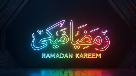 Ramadan Kareem text in neon style. 3D rendering.の素材