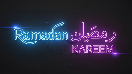 Ramadan Kareem neon sign on dark background. Vector illustration.の素材