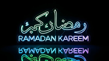 Ramadan Kareem neon sign, 3D rendering. Computer digital drawing.の素材