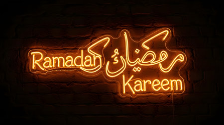 Ramadan Kareem neon sign on brick wall. Ramadan Kareem greeting card.の素材
