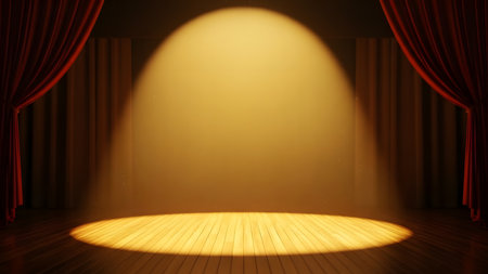 Theater stage with red curtains and spotlights. 3d renderの素材
