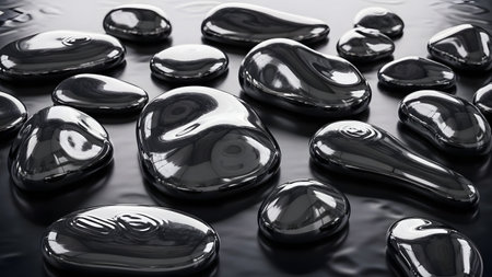 Black stones on a black background. 3d rendering, 3d illustration.の素材