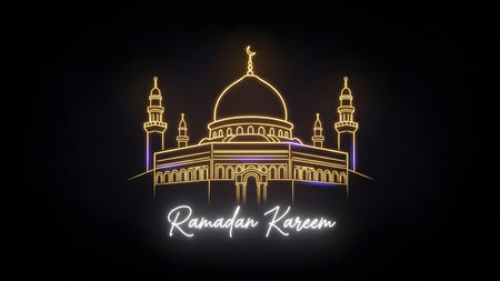 A vibrant illustration of a mosque rendered in captivating neon glow lines, showcasing intricate Islamic architectural details, including a grand dome and slender minarets. The luminous design evokes a sense of spiritual reverence and celebration. Below the mosque, the elegant script "Ramadan Kareem" shines brightly, making this image ideal for conveying greetings and themes related to the holy month of Ramadan, Eid al-Fitr, or other Islamic festivities. The graphic is perfect for digital greetings, social media posts, religious event invitations, website banners, and various cultural design projects. It encapsulates the spirit of devotion and community during these significant times.の素材