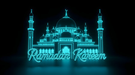 A striking digital illustration features an intricate mosque silhouette rendered with a luminous neon cyan glow, reflecting modern Islamic art and design. The elegant minarets and domes are highlighted by vibrant light, creating a sense of spiritual reverence and contemporary festivity. Below the architectural marvel, the flowing script 'Ramadan Kareem' is illuminated, extending warm wishes for the holy month. This artwork beautifully merges traditional religious symbols with a futuristic aesthetic, ideal for diverse media projects, social media posts, greeting cards, or digital banners celebrating Ramadan, Eid, and other Islamic occasions with a modern, glowing touch, embodying peace, reflection, and community spirit, perfect.の素材