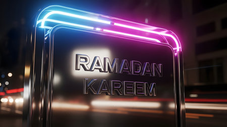 A modern and elegant 3D rendering of 'Ramadan Kareem' in shiny metallic typography, beautifully illuminated by a dynamic border of blue and purple neon lights. The sophisticated design captures the essence of the holy month with a vibrant, celebratory feel. In the background, out-of-focus city lights and streaking car headlights create a dreamy, urban nocturnal ambiance, hinting at the bustling activity and festive spirit during Ramadan evenings. This captivating visual is perfect for digital banners, social media posts, greeting cards, marketing materials, and various promotional content celebrating the Islamic holy month, conveying peace, blessings, and festivity across diverse media.の素材