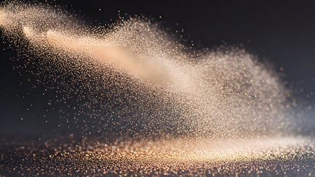 Abstract golden glittering particles on black background. 3D Renderingの素材