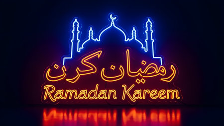 This captivating image features a modern neon sign displaying 'Ramadan Kareem' in both elegant Arabic and English scripts. Above the illuminated greeting, a serene mosque silhouette glows in a distinctive blue neon, perfectly complementing the warm orange of the text. The vibrant lights cast a striking reflection on the smooth, polished surface below, adding depth and visual interest to the composition. This artwork beautifully evokes a sense of festive celebration and spiritual contemplation, perfect for commemorating the holy month of Ramadan. It is an ideal visual for digital greetings, social media posts, advertising, event promotions, and various design projects requiring a contemporary Islamic aesthetic, symbolizing peace, community, and tradition.の素材