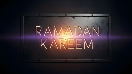 A visually striking 'Ramadan Kareem' greeting is presented with glowing, neon-style typography deeply embedded within a textured, weathered metallic plaque. The industrial aesthetic of the riveted metal contrasts beautifully with the soft, ethereal light emanating from the letters, creating a powerful spiritual and modern vibe. Dynamic purple and golden light flares sweep across the text, adding depth and a sense of movement, symbolizing the sanctity and festive spirit of the Islamic holy month. This elegant design is perfect for conveying greetings, celebrating traditions, and enhancing religious event communications with a contemporary artistic touch, evoking peace and devotion and blessings.の素材