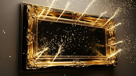 golden picture frame with splashes of water on a black backgroundの素材