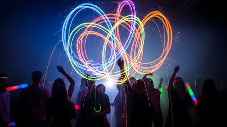 Silhouettes of dancing people at night club. Colorful lightsの素材