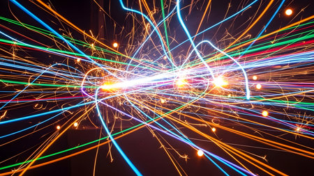 Fiber optics, light trails, computer generated abstract background, 3D renderingの素材