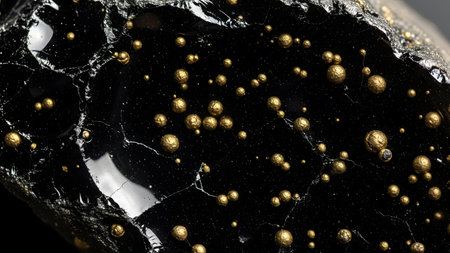close-up of the surface of a black stone with gold spheresの素材