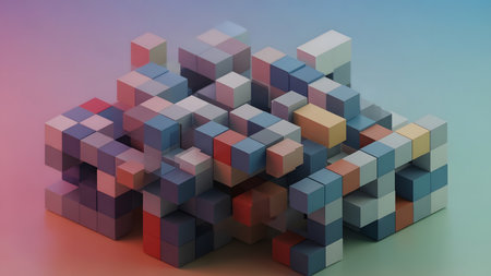 3d rendering of abstract geometric shape made of cubes in pastel colorsの素材