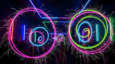 Colorful neon lights on the ceiling of a nightclub. Abstract backgroundの素材