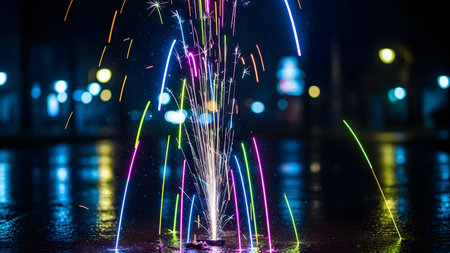 Colorful fireworks on the black background. Long exposure photo with shallow depth of field.の素材