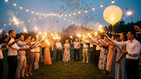 Wedding ceremony. Bride and groom with garlands and balloonsの素材