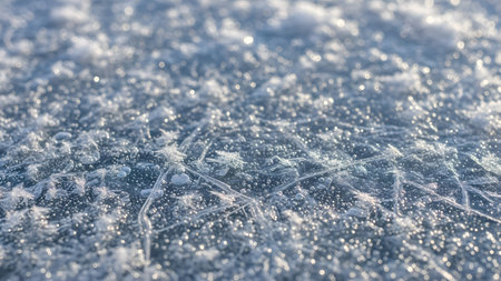 Close-up of snowflakes on the surface of the iceの素材