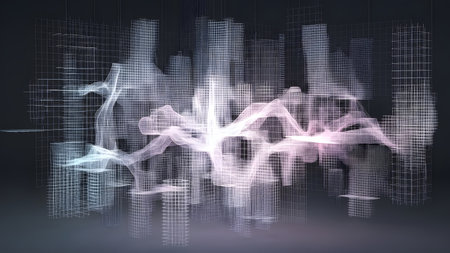 3D rendering of a wireframe city on a dark background.の素材