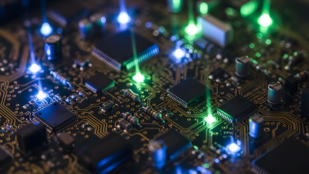 Close up of electronic circuit board with microcircuits. Technology backgroundの素材
