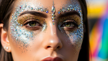 Close-up portrait of a beautiful girl with bright makeup and sparkles on her face.の素材
